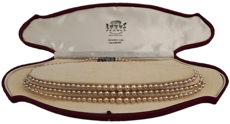 Vintage Genuine 3 Strand Lotus Pearl Necklace In Original Box with Silver Clasp