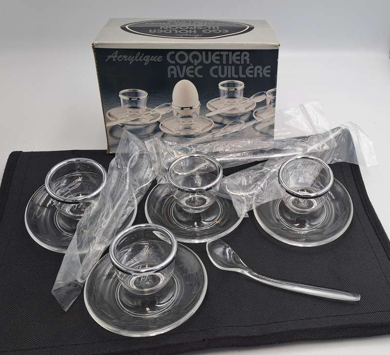 4 Acrylic Egg Cups With 4 Spoons-Made in France - Boxed
