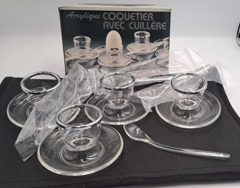 4 Acrylic Egg Cups With 4 Spoons-Made in France - Boxed