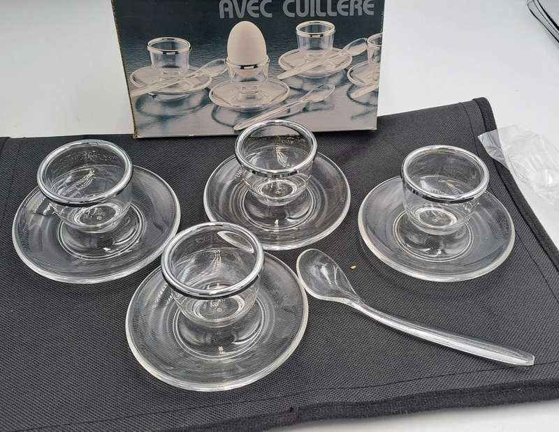 4 Acrylic Egg Cups With 4 Spoons-Made in France - Boxed