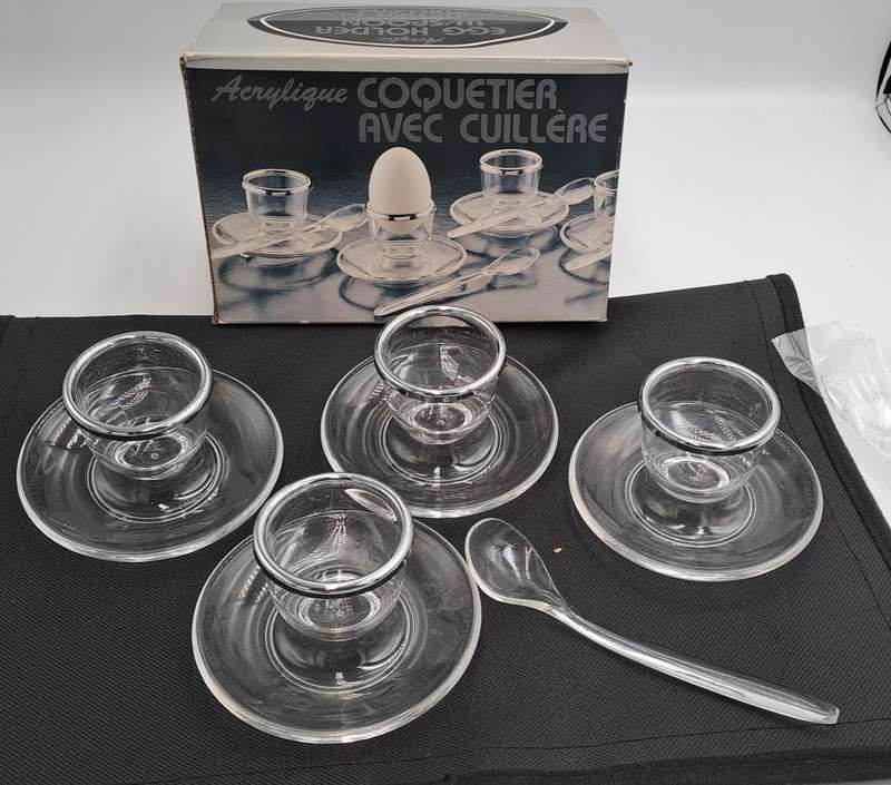 4 Acrylic Egg Cups With 4 Spoons-Made in France - Boxed