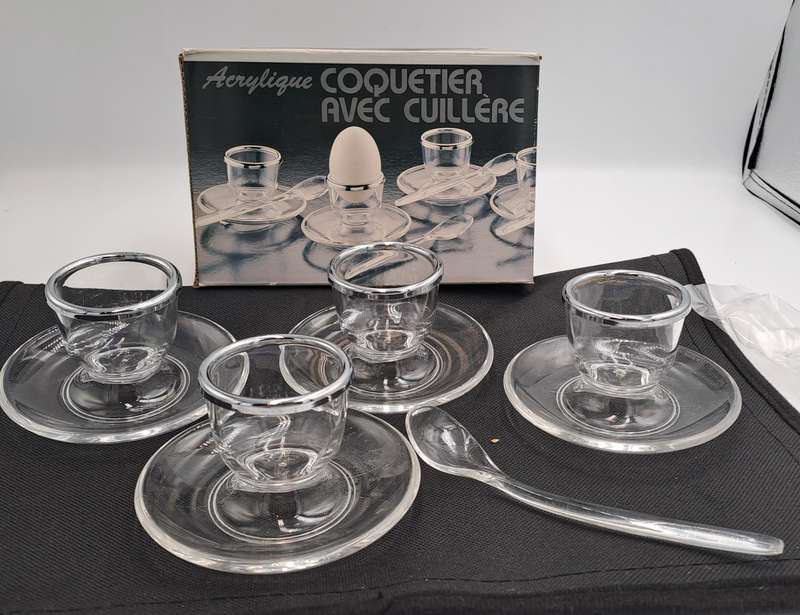 4 Acrylic Egg Cups With 4 Spoons-Made in France - Boxed