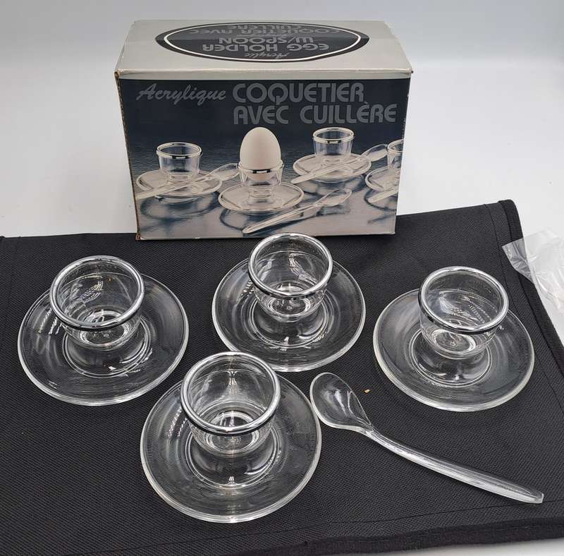 4 Acrylic Egg Cups With 4 Spoons-Made in France - Boxed
