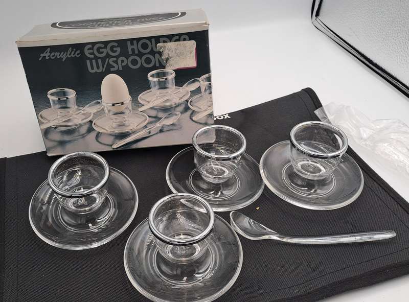 4 Acrylic Egg Cups With 4 Spoons-Made in France - Boxed