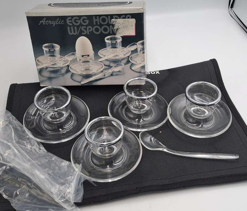 4 Acrylic Egg Cups With 4 Spoons-Made in France - Boxed