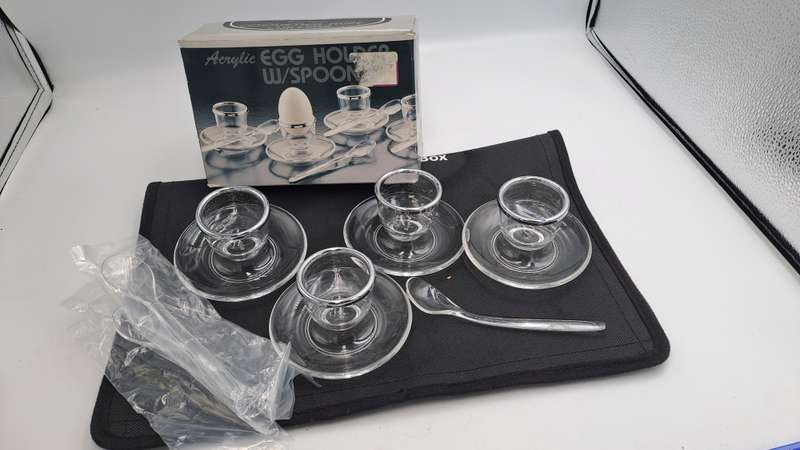 4 Acrylic Egg Cups With 4 Spoons-Made in France - Boxed