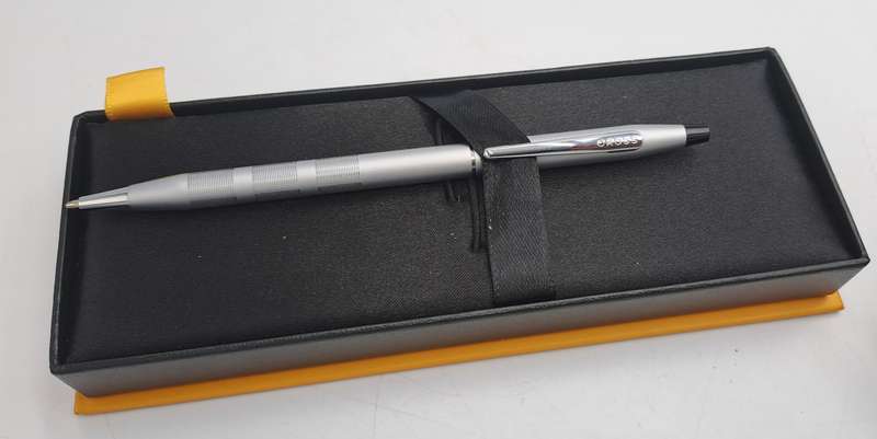 Pre-Owned Cross Century Satin Chrome Ball Pen in Box with sleeve -Ink Is Good
