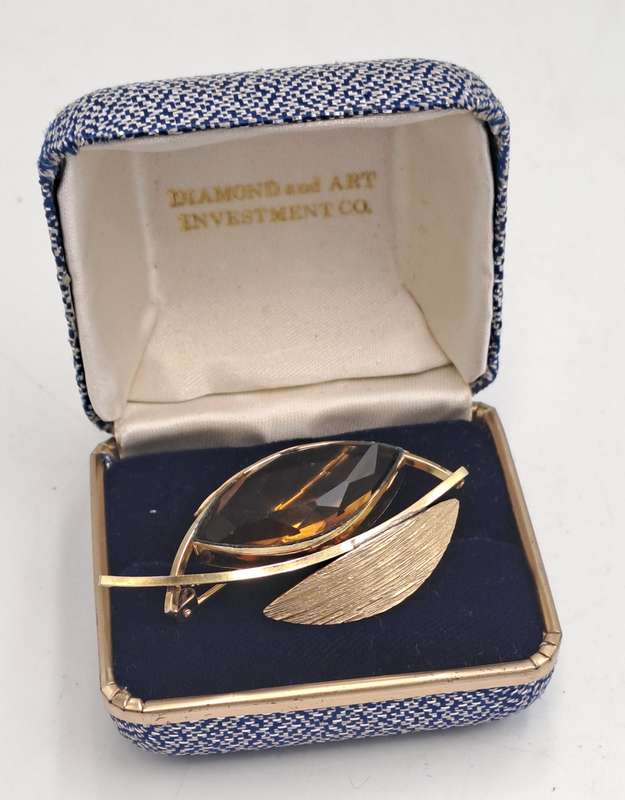 Vintage K&L 14kt Rolled Gold Stamped Brooch with Smokey Topaz stone  -Boxed