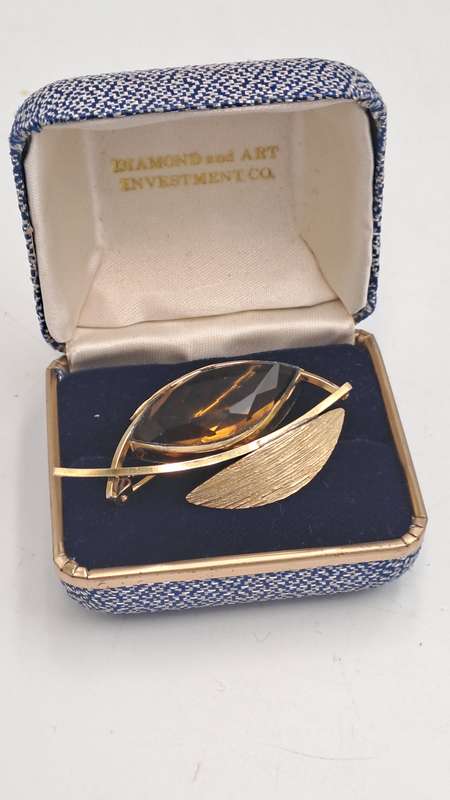 Vintage K&L 14kt Rolled Gold Stamped Brooch with Smokey Topaz stone  -Boxed