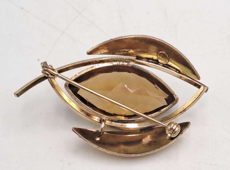 Vintage K&L 14kt Rolled Gold Stamped Brooch with Smokey Topaz stone  -Boxed