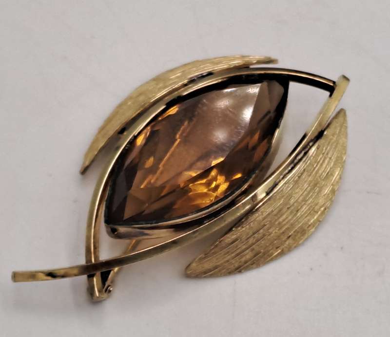 Vintage K&L 14kt Rolled Gold Stamped Brooch with Smokey Topaz stone  -Boxed