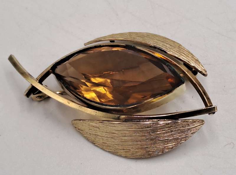 Vintage K&L 14kt Rolled Gold Stamped Brooch with Smokey Topaz stone  -Boxed