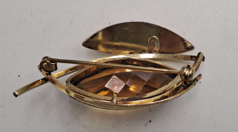 Vintage K&L 14kt Rolled Gold Stamped Brooch with Smokey Topaz stone  -Boxed