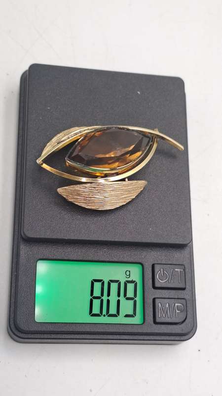 Vintage K&L 14kt Rolled Gold Stamped Brooch with Smokey Topaz stone  -Boxed