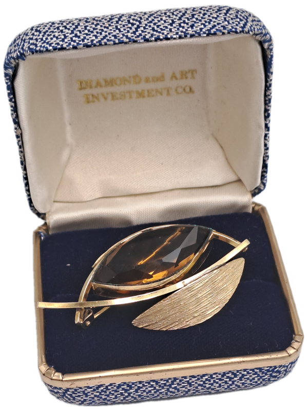 Vintage K&L 14kt Rolled Gold Stamped Brooch with Smokey Topaz stone  -Boxed