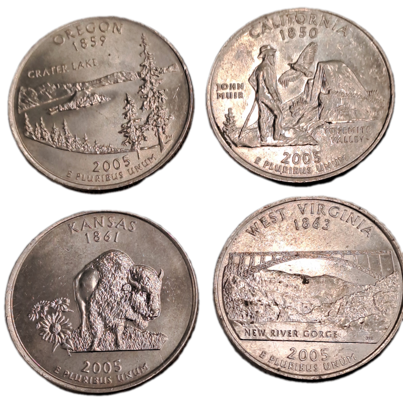 4 x 2005 United States ¼ Dollars "Washington Quarter" -Oregon-West Virginia-California and Kansas