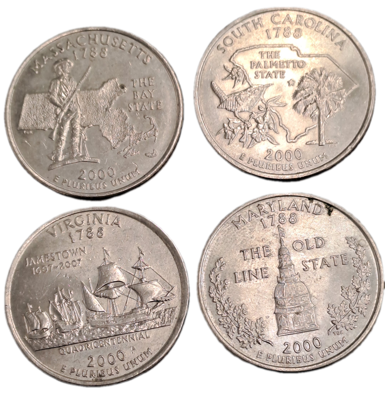 4 x 2000 USA ¼ Dollars Washington Quarter -Massachusetts-South Carolina-Virginia-Maryland