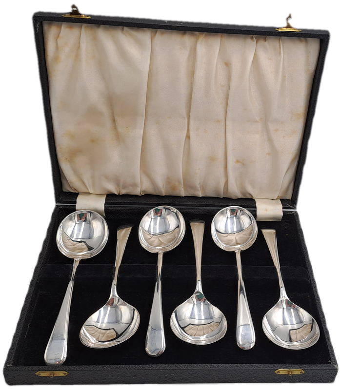 6 Vintage EPNS Super A1 90 Silverplated Soup Spoons -Boxed Sheffield England.