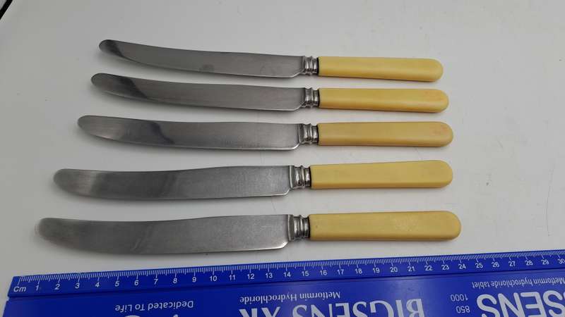5 Antique / Vintage Sipelia Sheffield Table Knifes -Hand Grownd