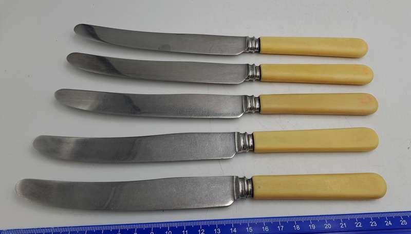5 Antique / Vintage Sipelia Sheffield Table Knifes -Hand Grownd