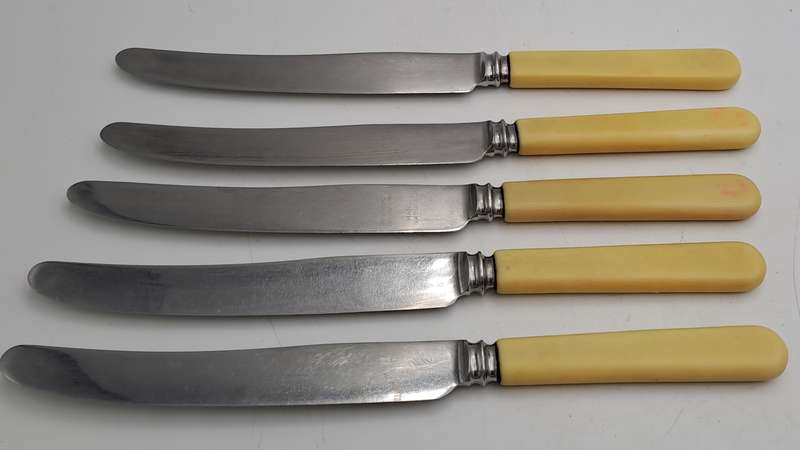 5 Antique / Vintage Sipelia Sheffield Table Knifes -Hand Grownd