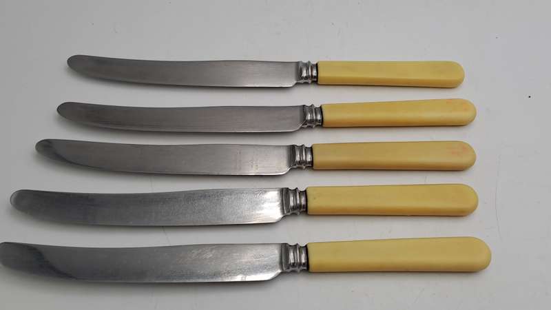 5 Antique / Vintage Sipelia Sheffield Table Knifes -Hand Grownd