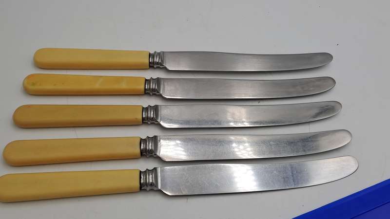 5 Antique / Vintage Sipelia Sheffield Table Knifes -Hand Grownd