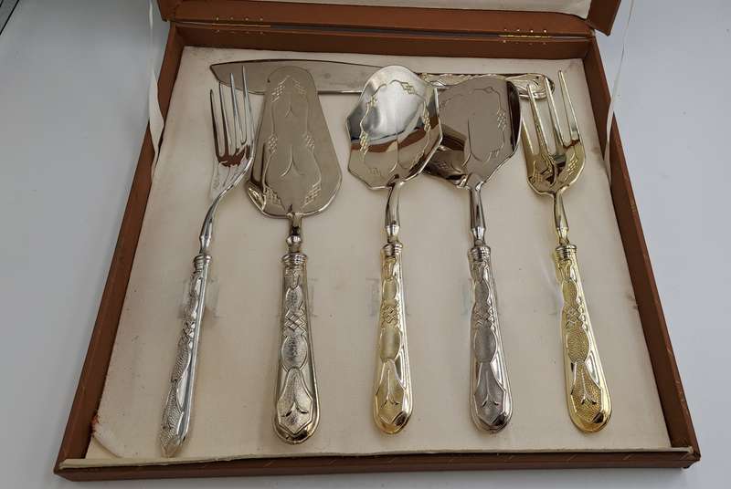 6 Pc Vintage Aghifug Silver and Gold Plated Cake serving Set -Boxed
