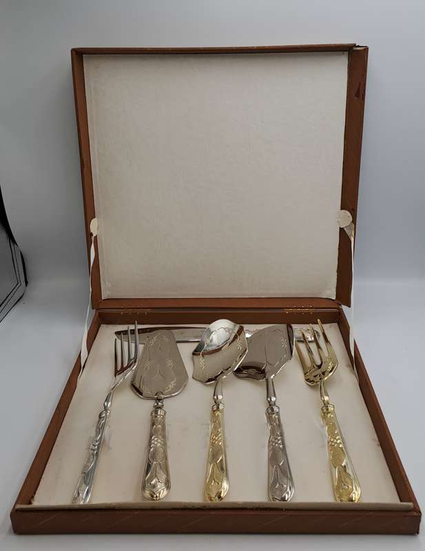 6 Pc Vintage Aghifug Silver and Gold Plated Cake serving Set -Boxed