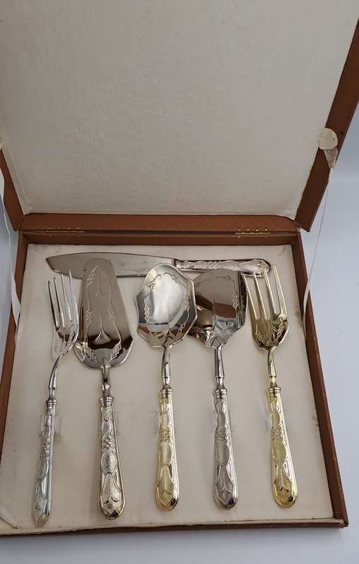 6 Pc Vintage Aghifug Silver and Gold Plated Cake serving Set -Boxed