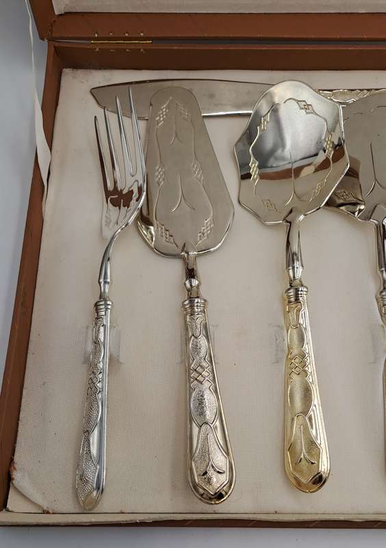 6 Pc Vintage Aghifug Silver and Gold Plated Cake serving Set -Boxed