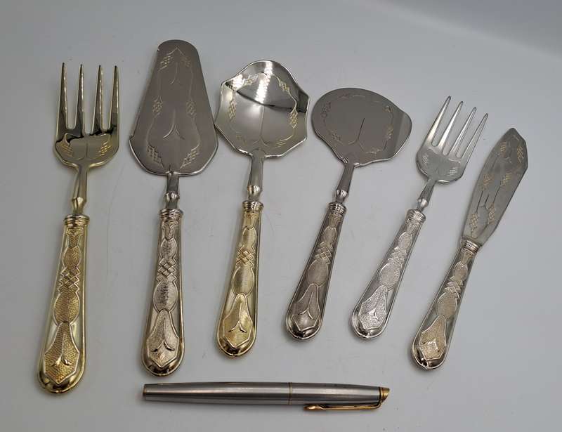 6 Pc Vintage Aghifug Silver and Gold Plated Cake serving Set -Boxed