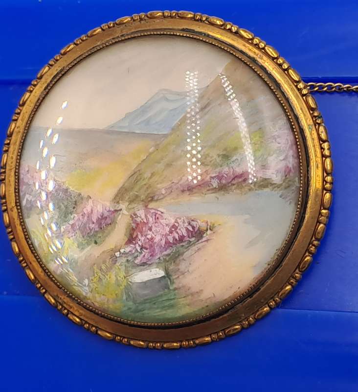 Vintage 1930's-1940's TLM (Thomas L Mott) Scottish Landscape Purple Heather Handpainted Brooch