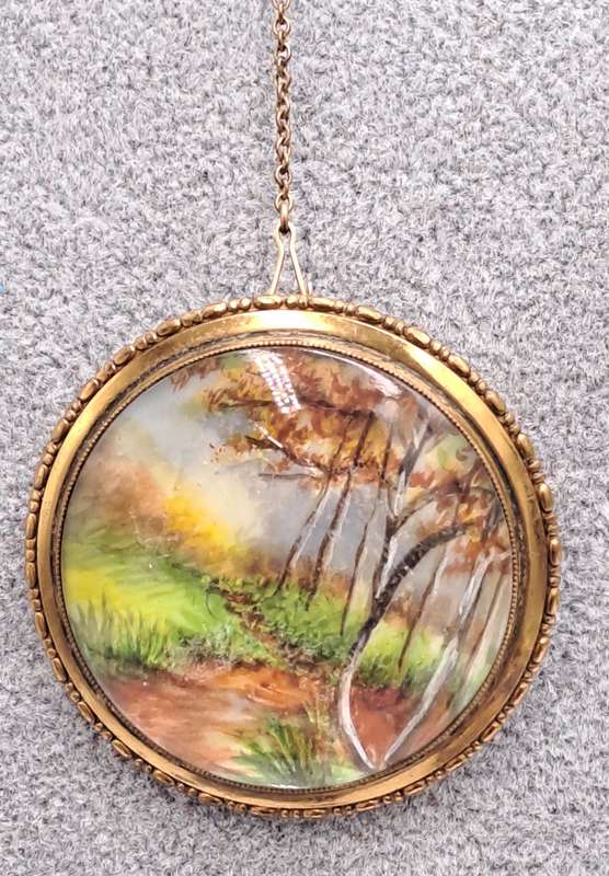 Vintage 1930's-1940's TLM (Thomas L Mott) Country Scene Handpainted Brooch