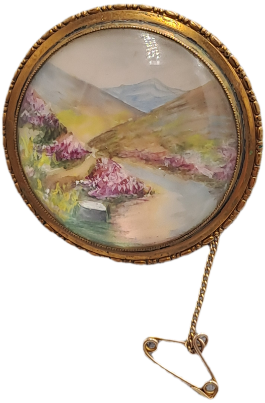 Vintage 1930's-1940's TLM (Thomas L Mott) Scottish Landscape Purple Heather Handpainted Brooch