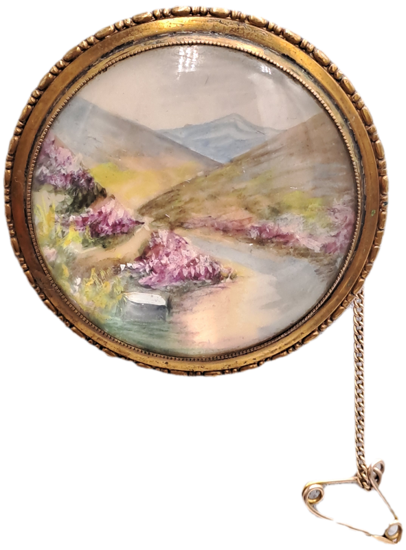 Vintage 1930's-1940's TLM (Thomas L Mott) Scottish Landscape Purple Heather Handpainted Brooch