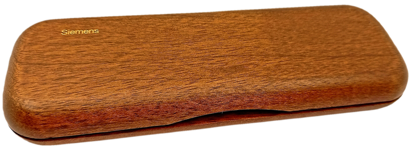 Wood Pen And Pencil set in wood box with sleeve - Siemens Logo on box -Ink is good