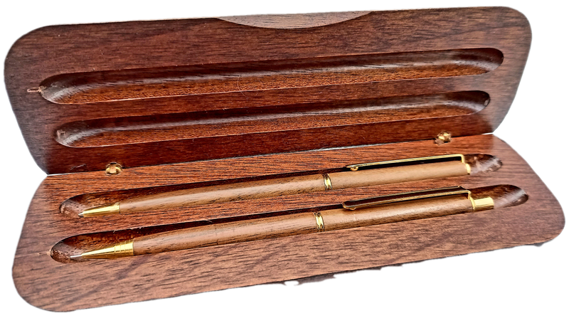 Wood Pen And Pencil set in wood box with sleeve - Siemens Logo on box -Ink is good