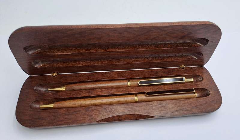 Wood Pen And Pencil set in wood box with sleeve - Siemens Logo on box -Ink is good