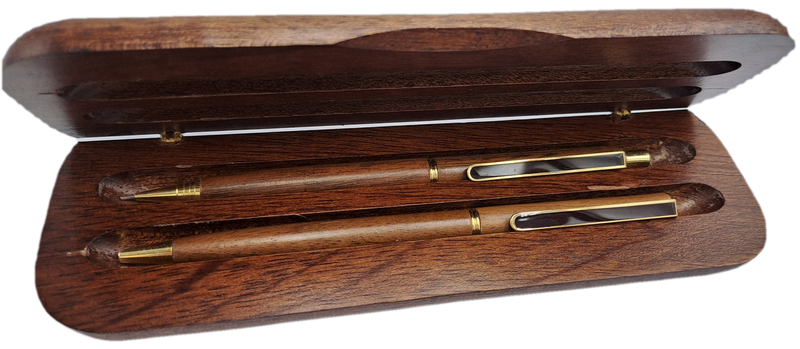 Wood Pen And Pencil set in wood box with sleeve - Siemens Logo on box -Ink is good