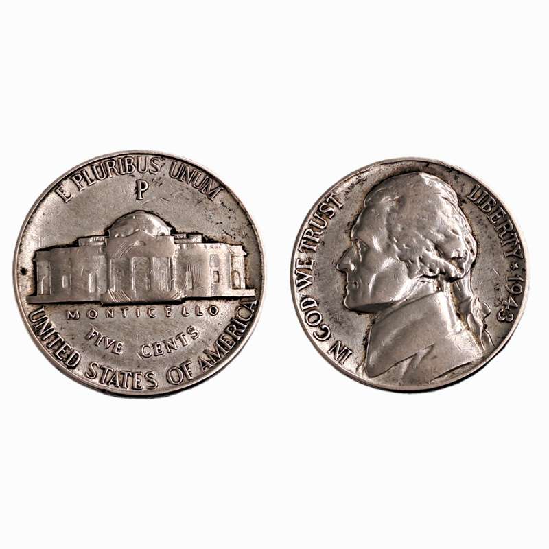 1943 United States (.350 silver) 5 Cents "Jefferson Wartime Nickel"