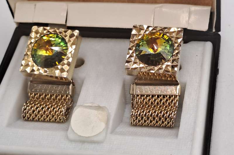 Vintage 1960 Gold tone Cufflinks with green accent crystals