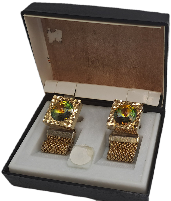 Vintage 1960 Gold tone Cufflinks with green accent crystals