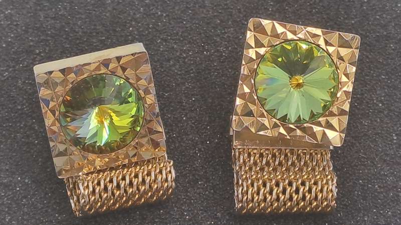 Vintage 1960 Gold tone Cufflinks with green accent crystals