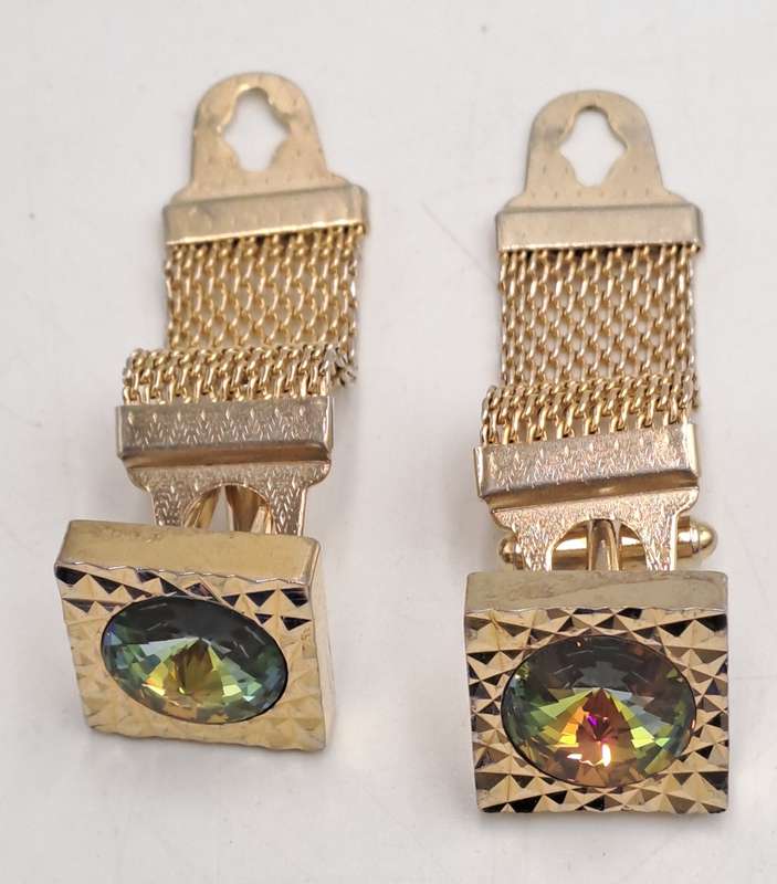 Vintage 1960 Gold tone Cufflinks with green accent crystals