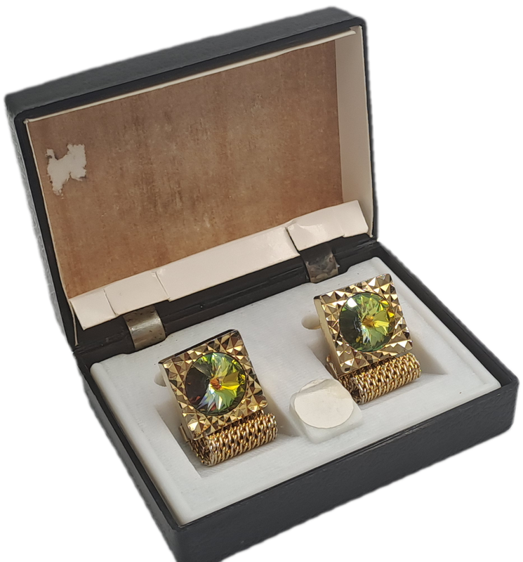 Vintage 1960 Gold tone Cufflinks with green accent crystals