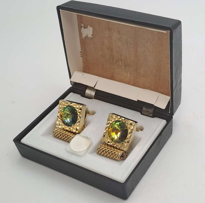 Vintage 1960 Gold tone Cufflinks with green accent crystals