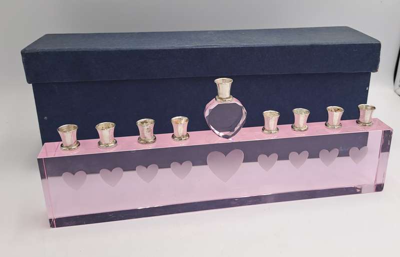 9 Head Menorah Crystal/Glass With Silver Plate -Boxed -Used