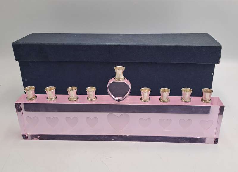9 Head Menorah Crystal/Glass With Silver Plate -Boxed -Used
