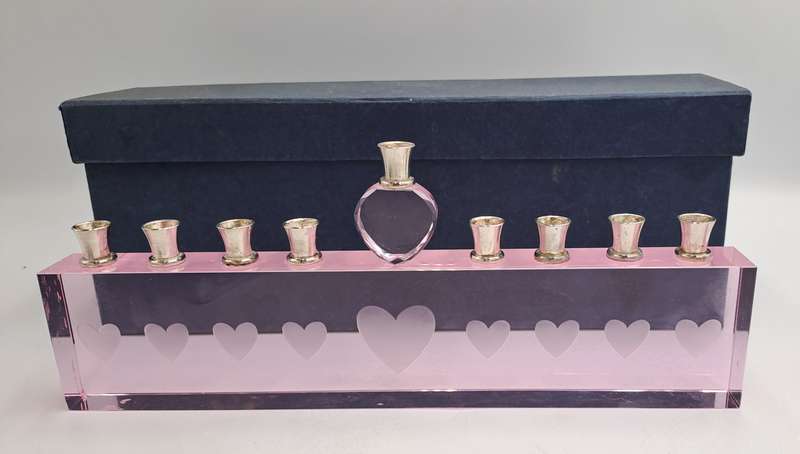9 Head Menorah Crystal/Glass With Silver Plate -Boxed -Used